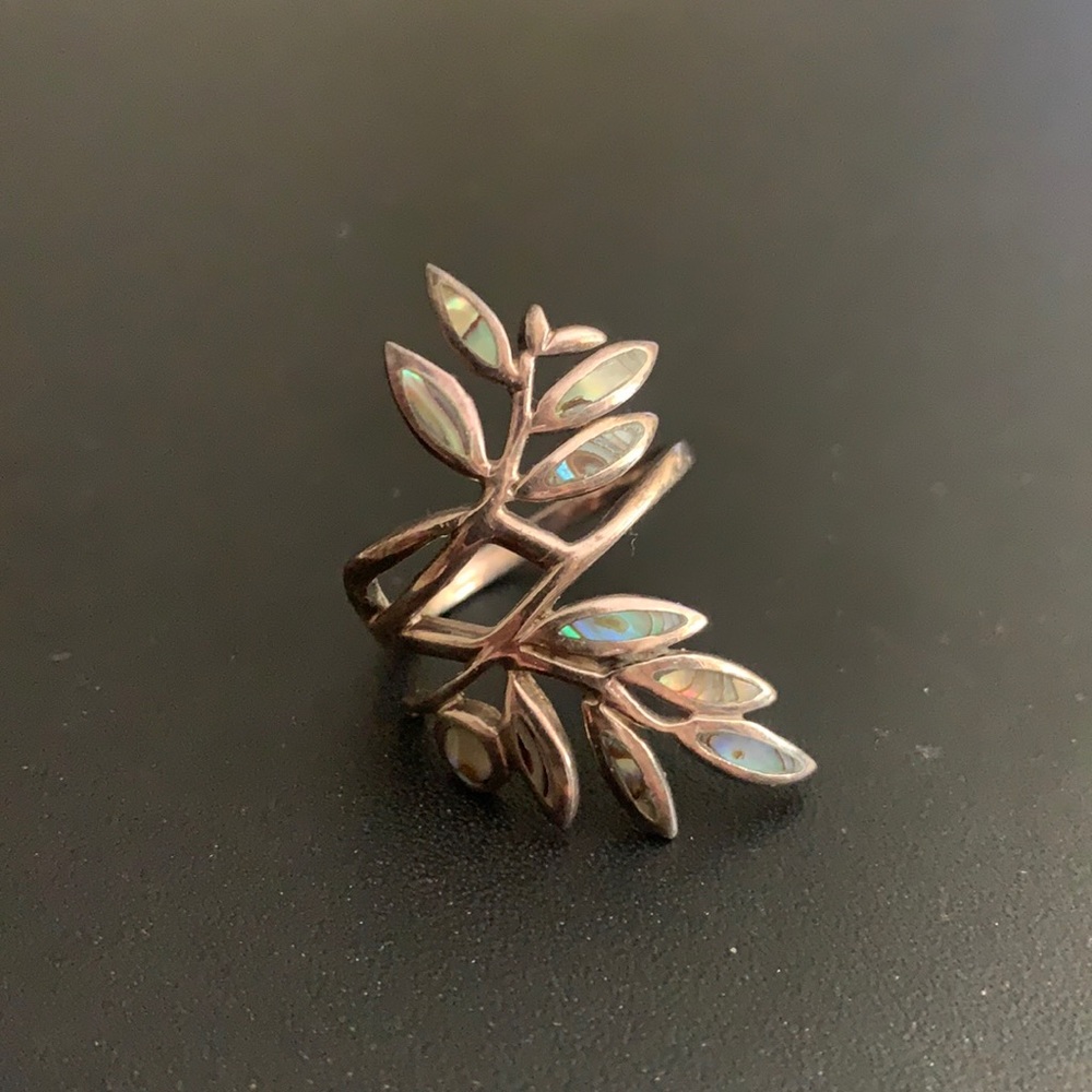 Silver plated abalone leaf ring
